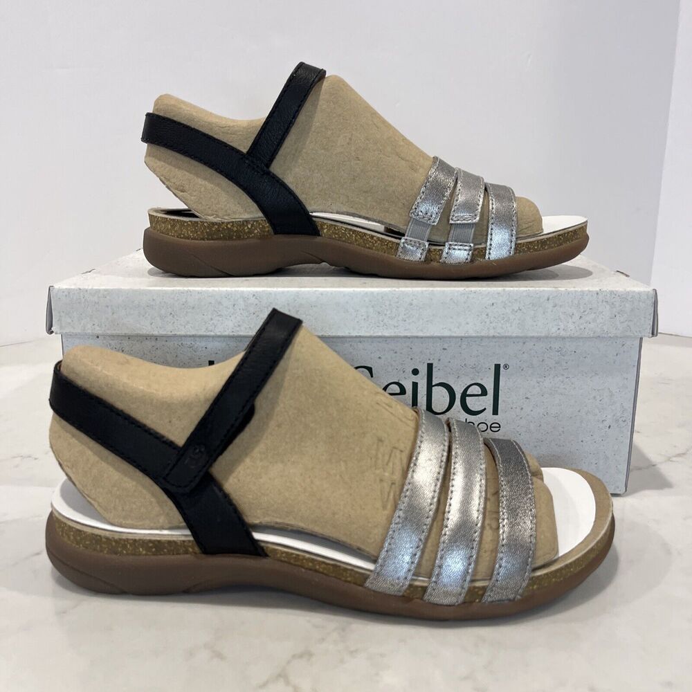 Josef Seibel NEW Sandals Riley Strappy Comfort Shoes Silver Black Cork EU42 US11